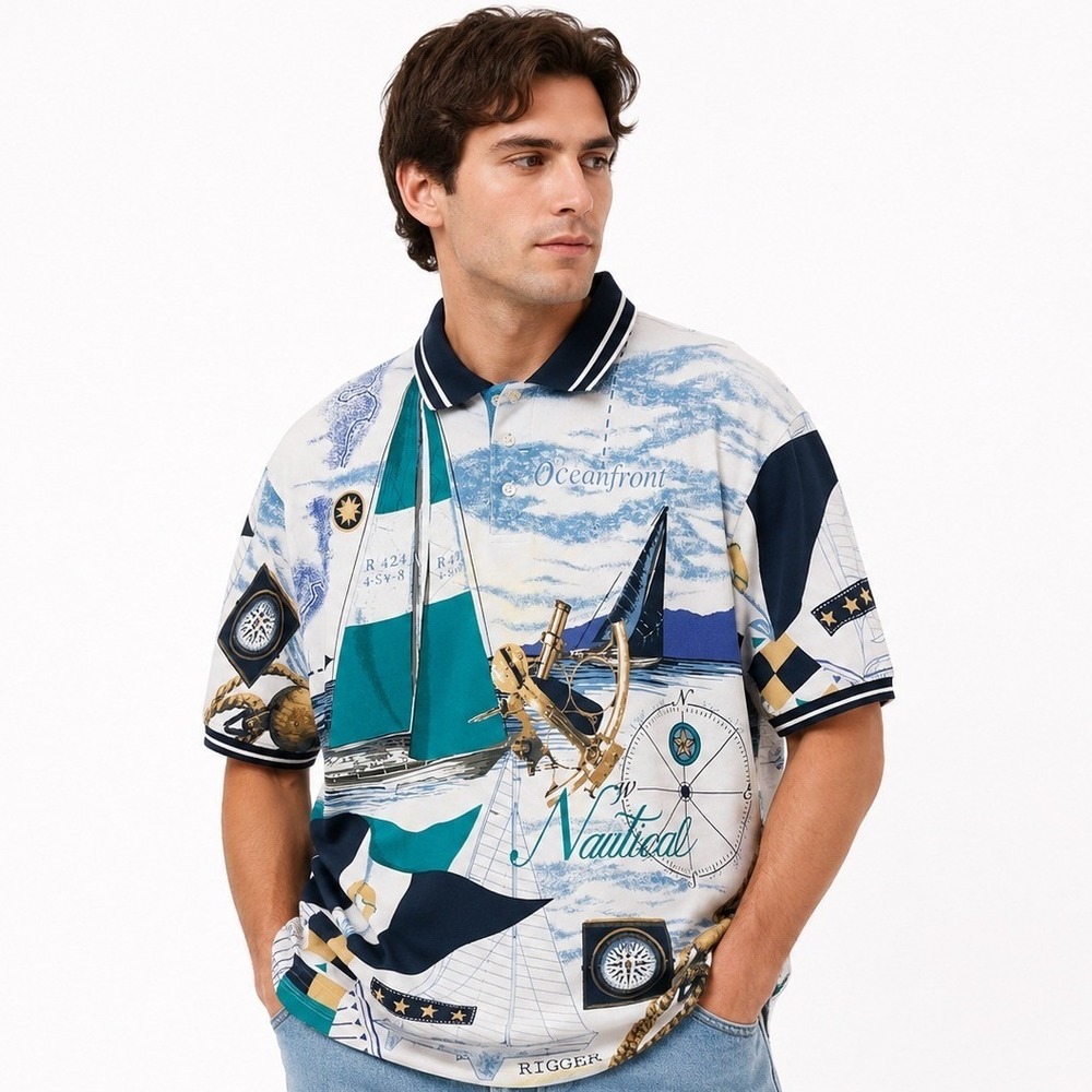 Cotton Traders Polo Shirt Mens Large Multicolor Nautical Sailboat Oceanfront New